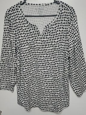 Chico's Black and White Grid-Print Split-Neck Long Sleeve Top